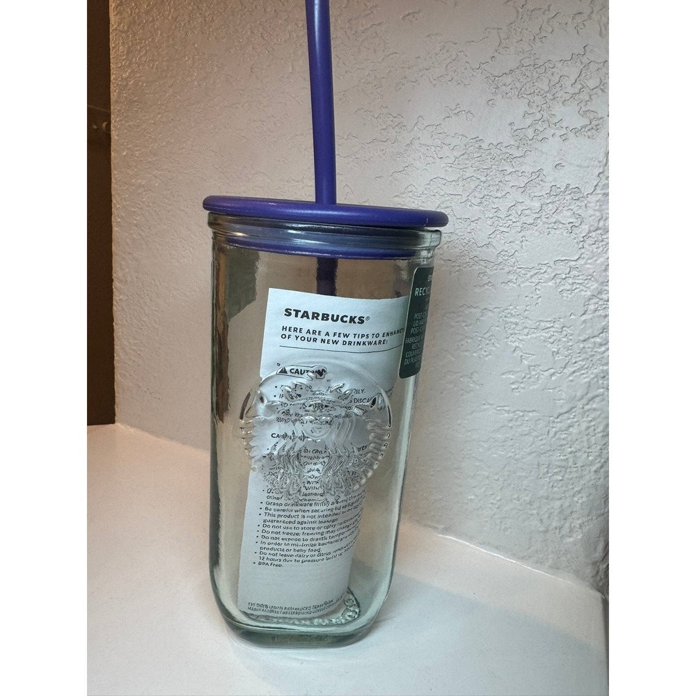 Starbucks 100% Recycled Glass Cold Cup Tumbler Purple Lid & Straw Embossed Siren